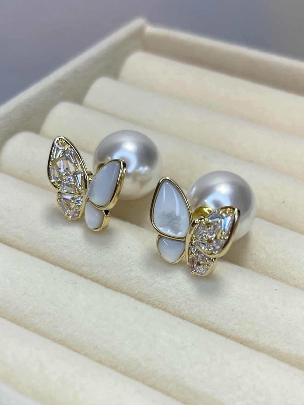 Gold and White Butterfly Crystal Stud Earrings - Women's Jewelry